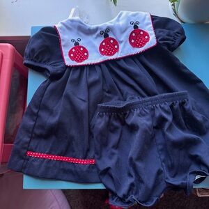 Vintage Bonnie Baby navy blue dress with ladybug embroidery